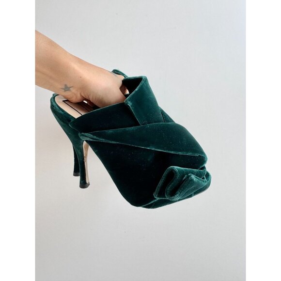 NWOB N.21 Dark Green Velvet Bow Knotted Peep Toe High Heel Mules, Size 36 - Picture 4 of 16